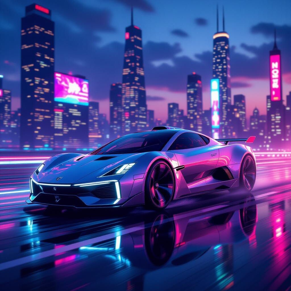 Futuristic Flying Car Soaring Through Neon Cityscape