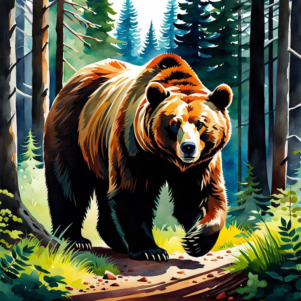 Watercolor Grizzly Bear in Woods Illustration