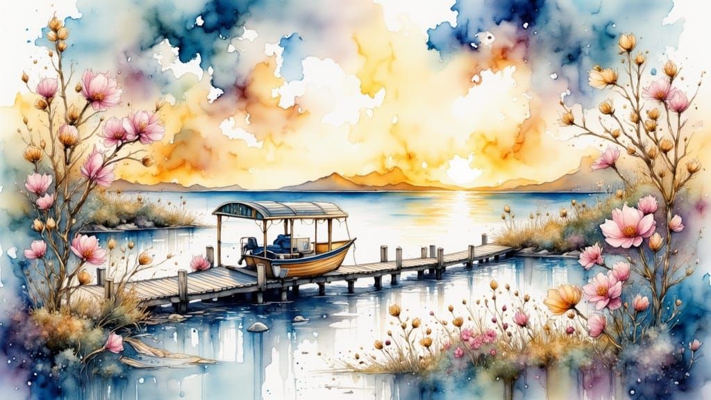 Whimsical Seaside Boat Dock in Watercolor Style