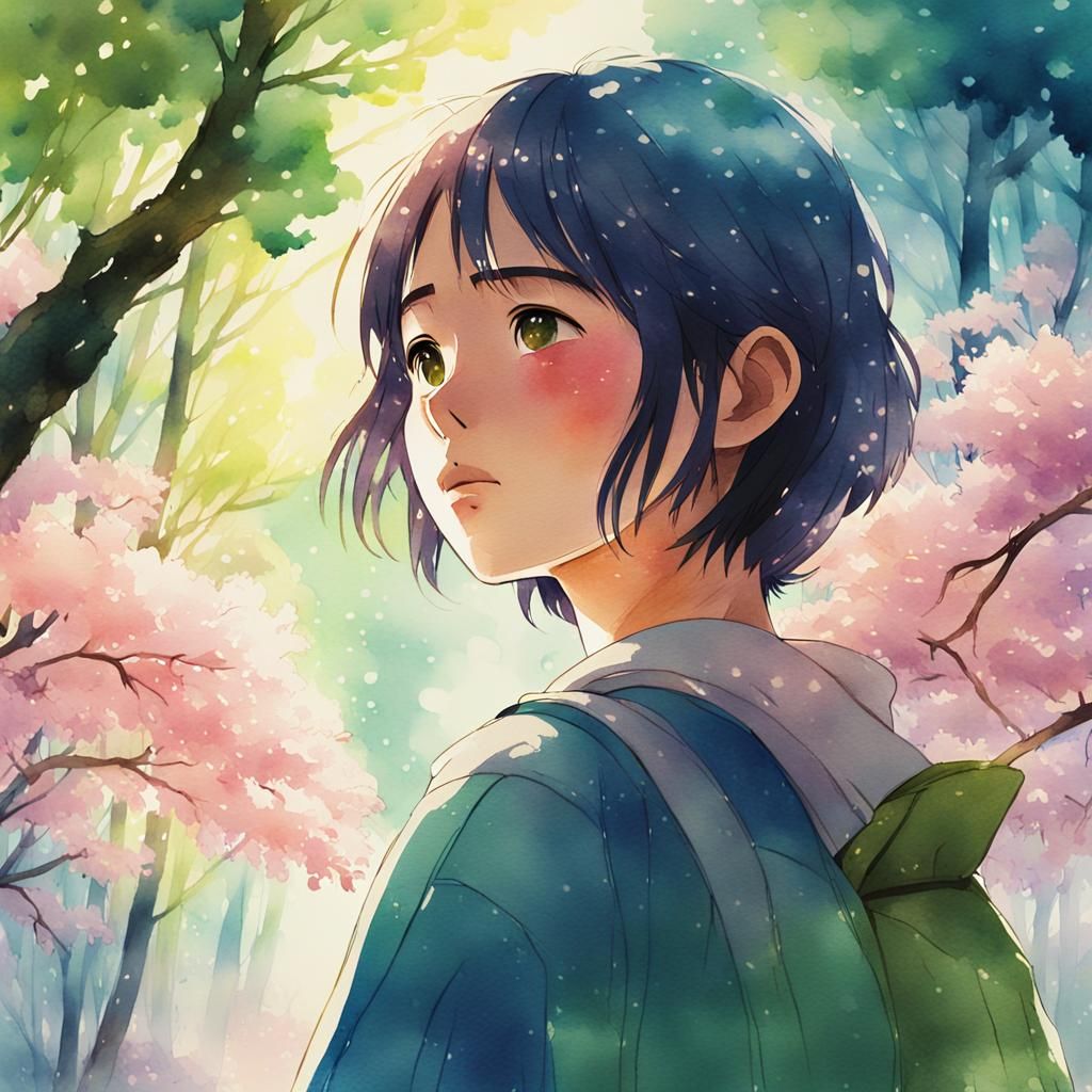 Heartbroken Woman in Forest, Watercolor Anime Style