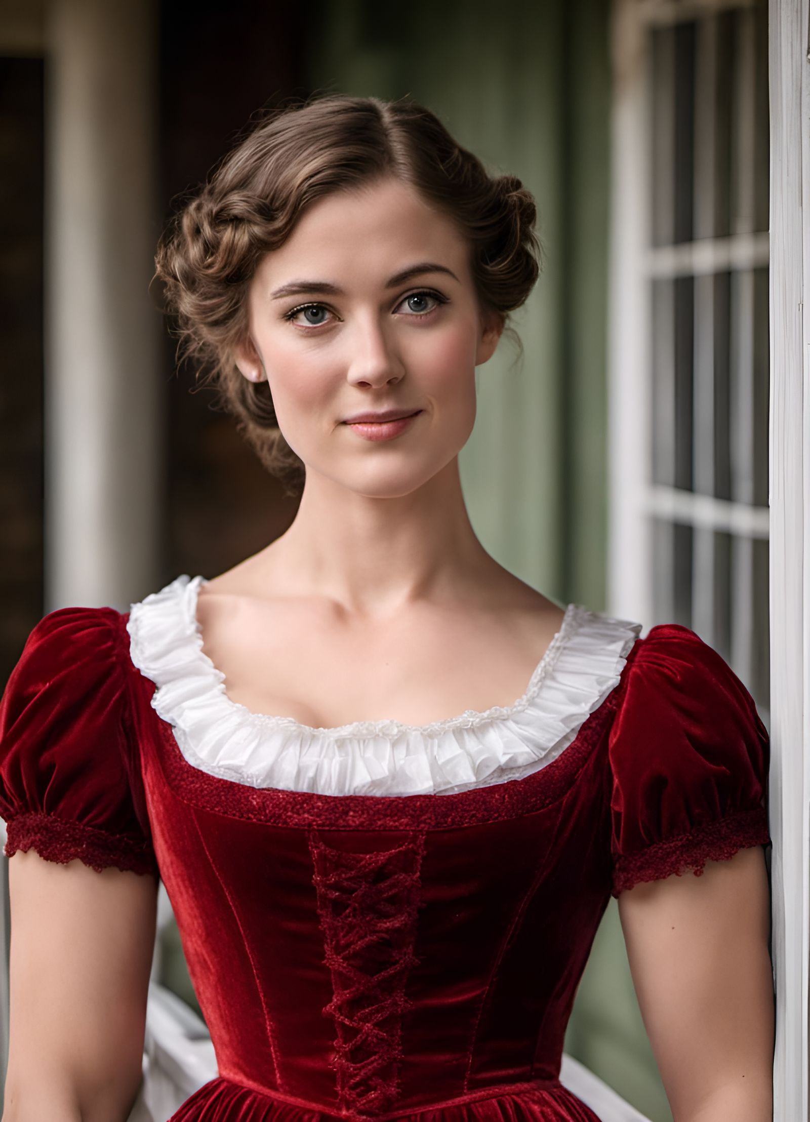 Young Woman in Red Velvet Regency Dress Portrait