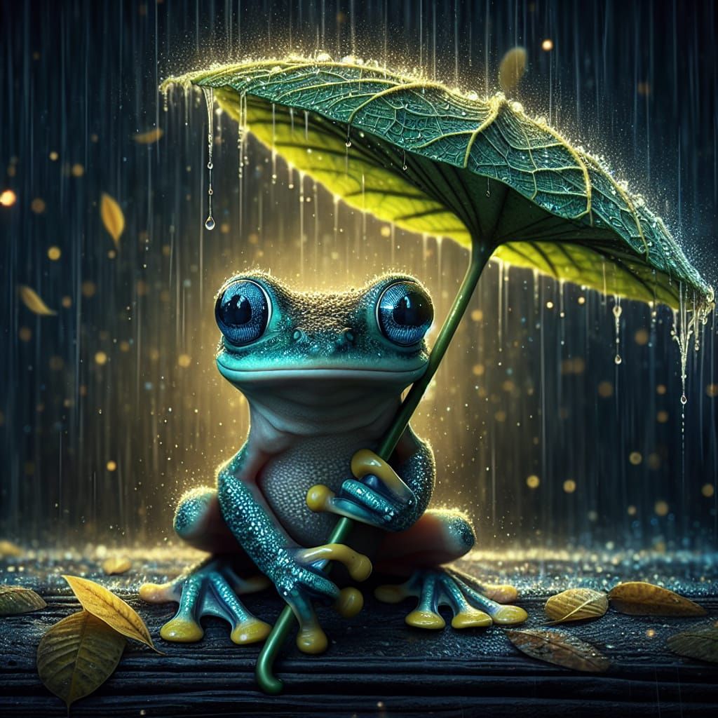 frog holding a leaf umbrella