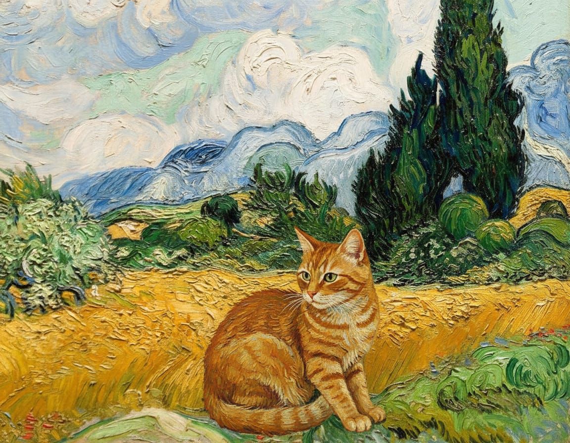 Ginger Cat in Van Gogh Style Wheat Field