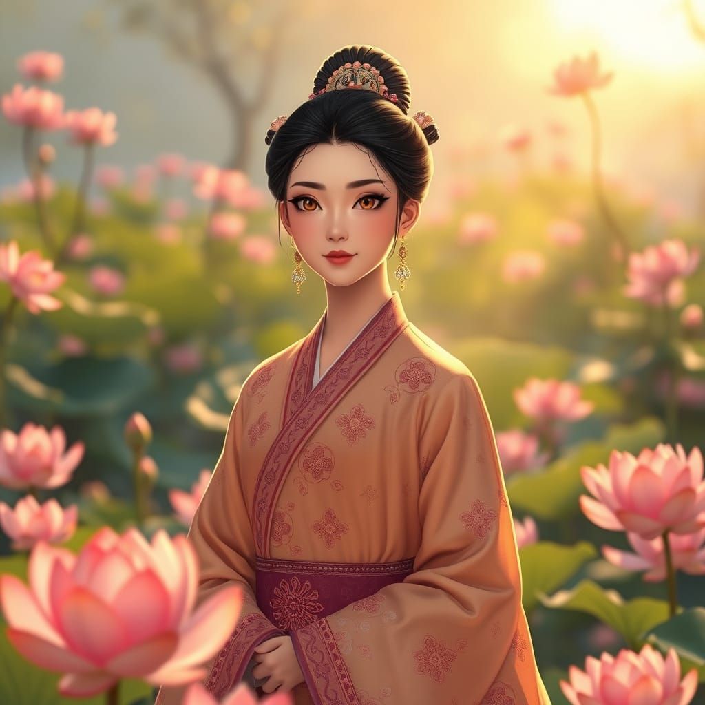 Chinese Princess in Lotus Garden, Cel-Shaded Style