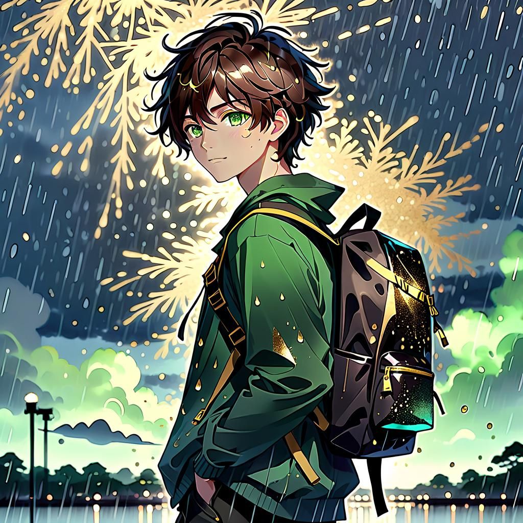 Glittering Silhouette: Teenage Boy in Rainy Scene