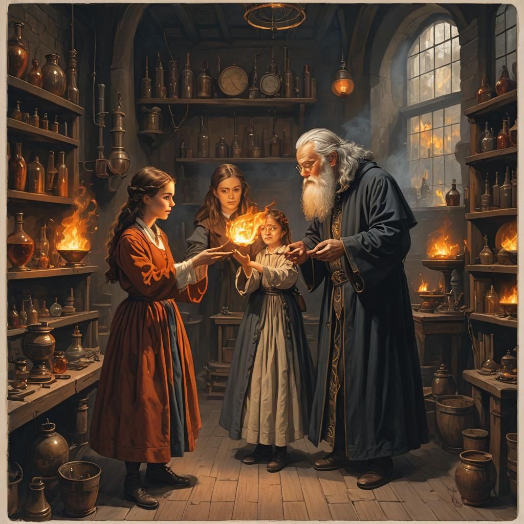 Young Girl and Wizard with Fireball in Laboratory