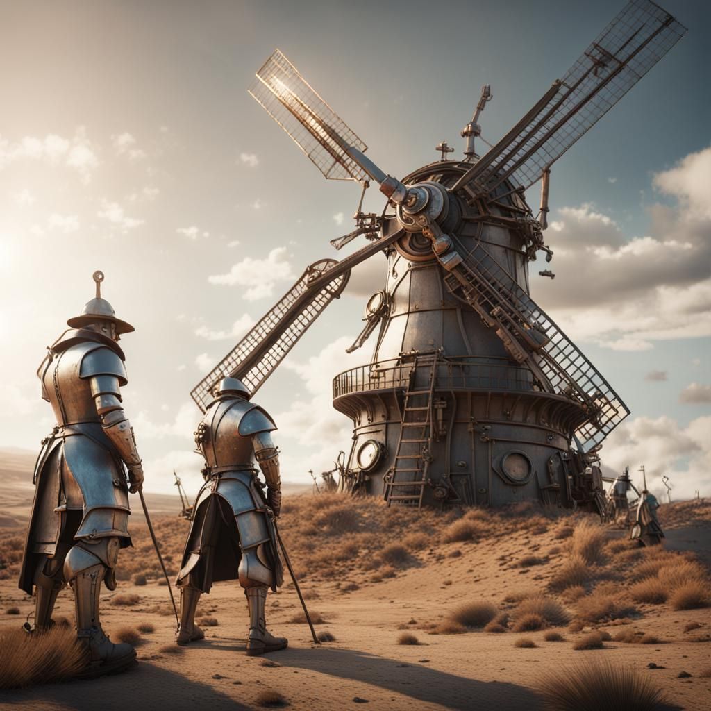 Don Quixote's Steampunk Windmill Battle in Epic Sci-Fi