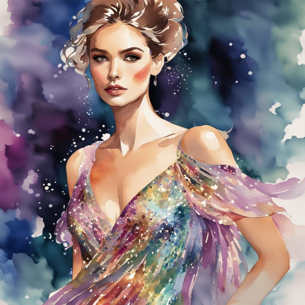 Elegant Woman in Iridescent Dress at High Society Ball