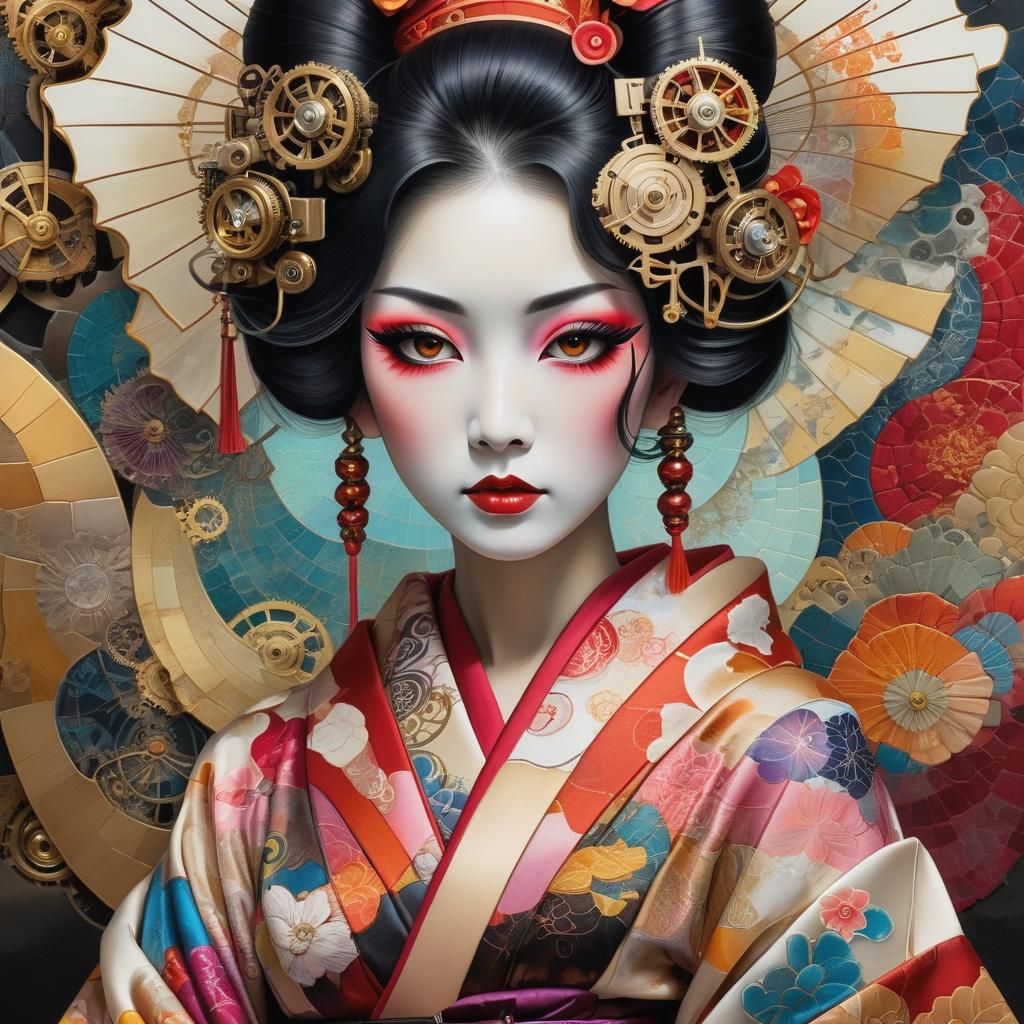 Steampunk Geisha with Art Deco Kimono in Vivid Colors