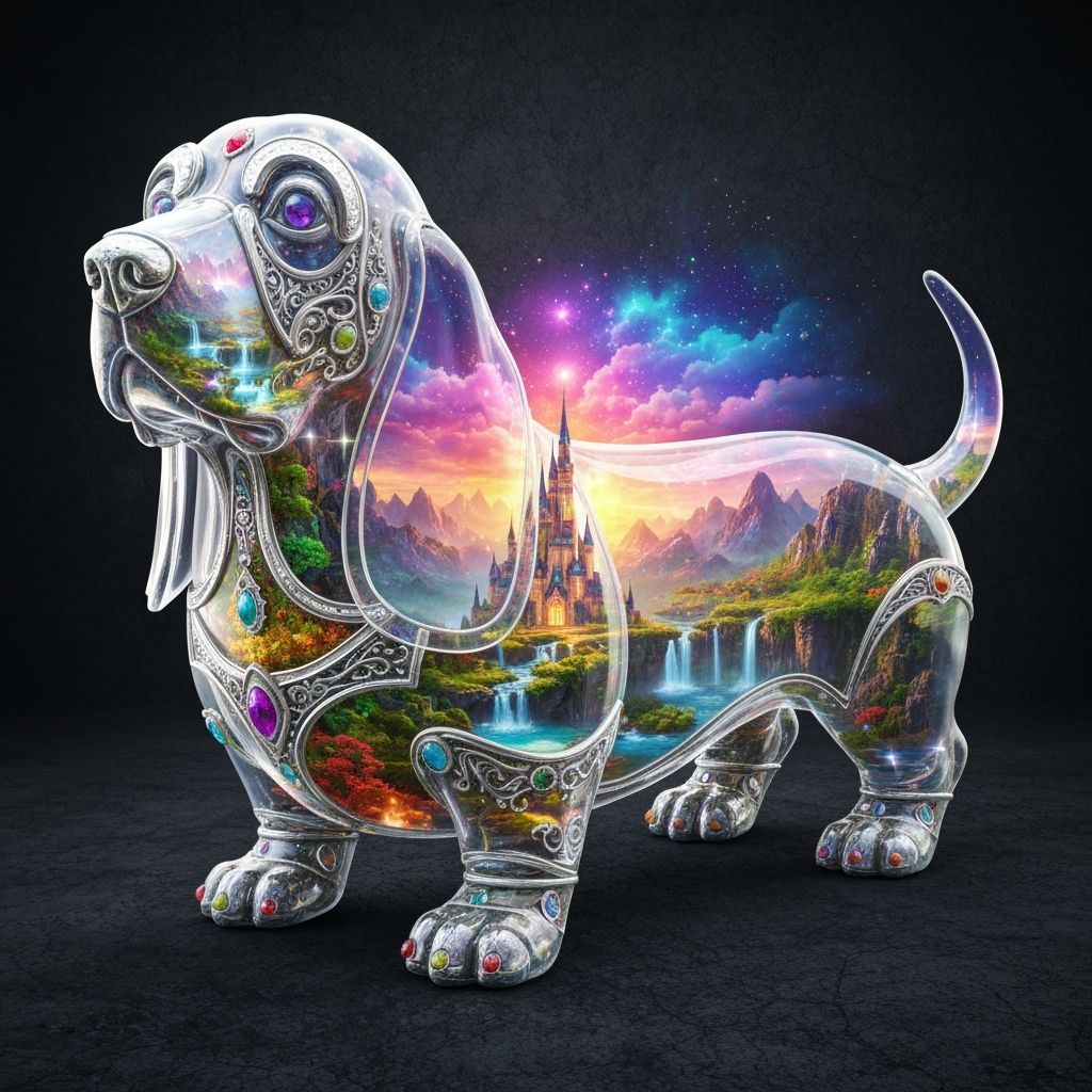 Basset Hound Glass Sculpture Holding a Magical Landscape