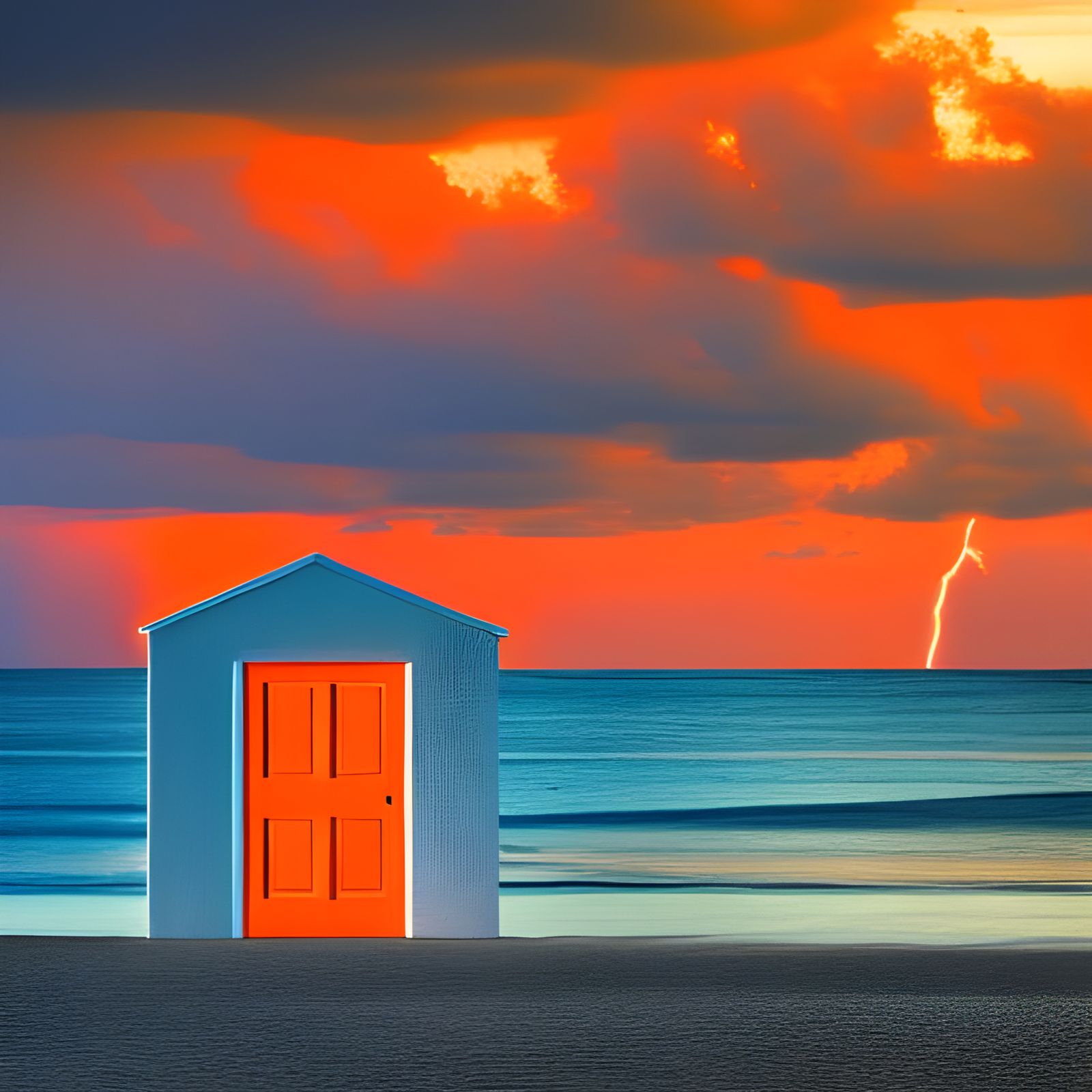 Orange Door Amidst Sea Sunset Storm