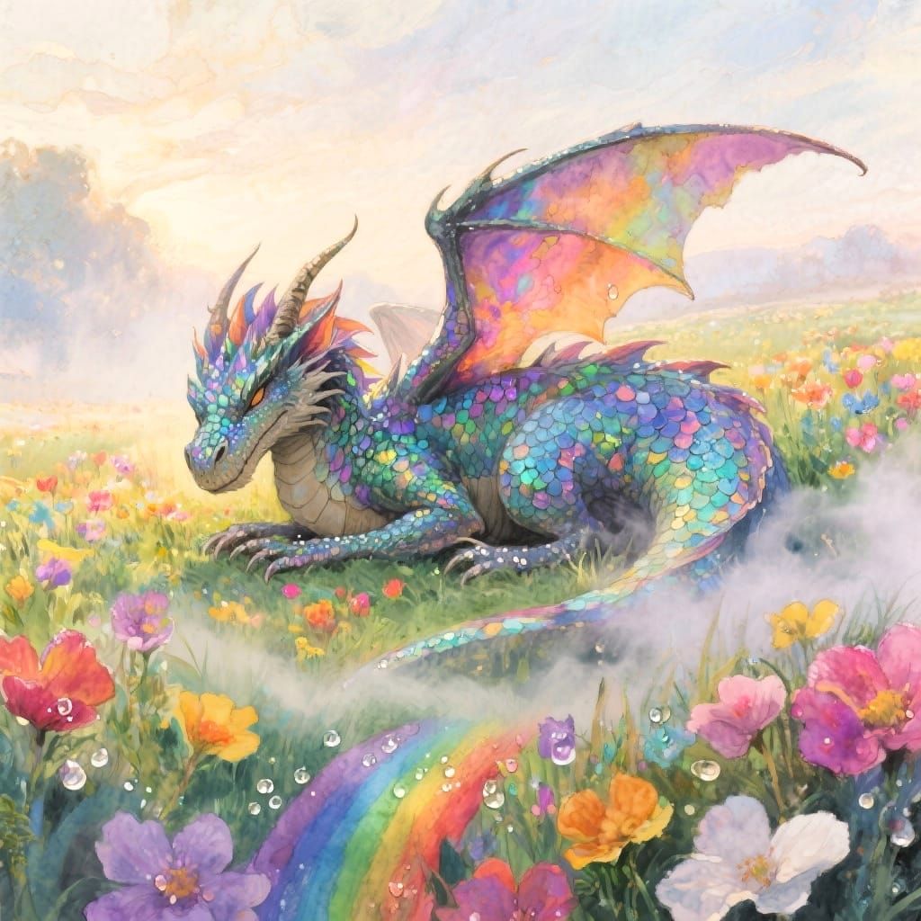 Majestic Dragon in Rainbow Flower Field Watercolor