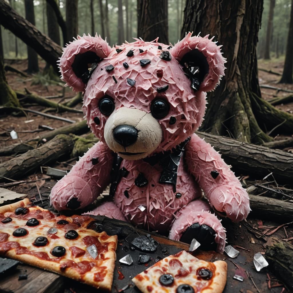 Gory Surrealist Teddy Bear Head in Dark Forest