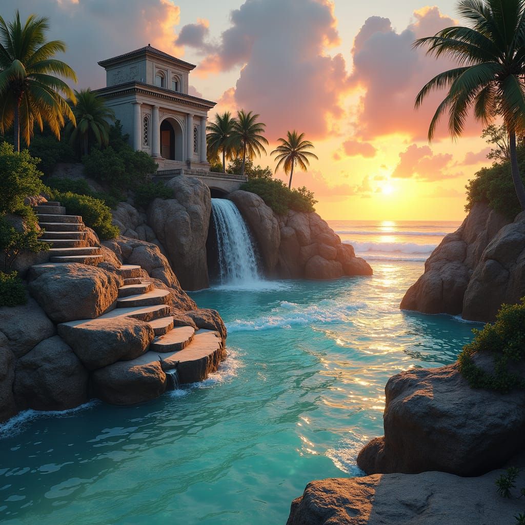 Coffee Fountain at Tulum Beach: High-Fantasy Concept Art