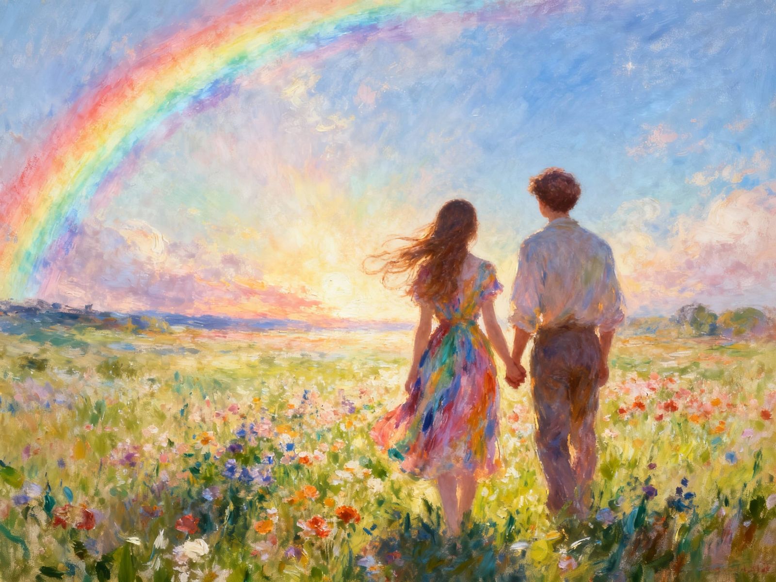 Couple Gazing at Rainbow Sky and Flower Field