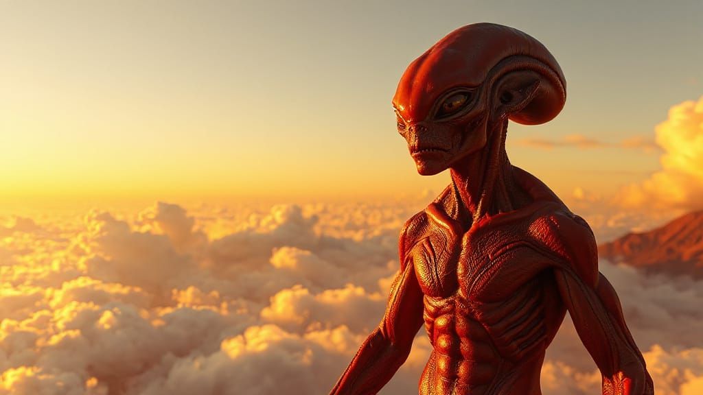 Surreal Alien in Sunset Hues Stands Majestically Amidst Fluf...