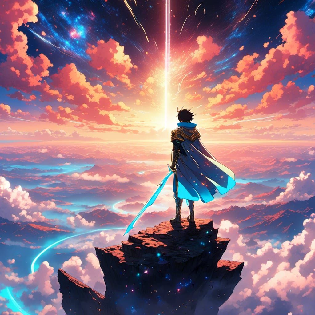 Anime Cosmic Warrior Gazing at Galaxy