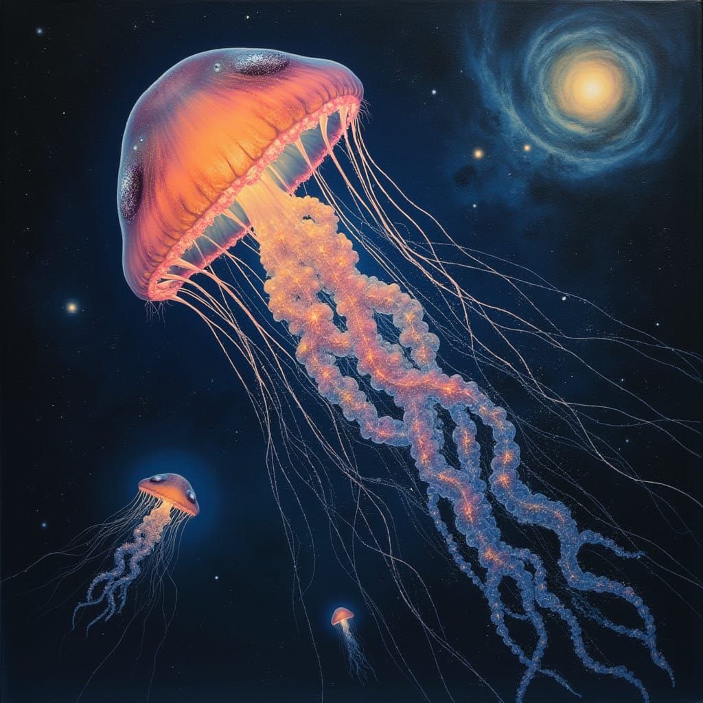 Bioluminescent Jellyfish Drifting Through Space in Surrealis...