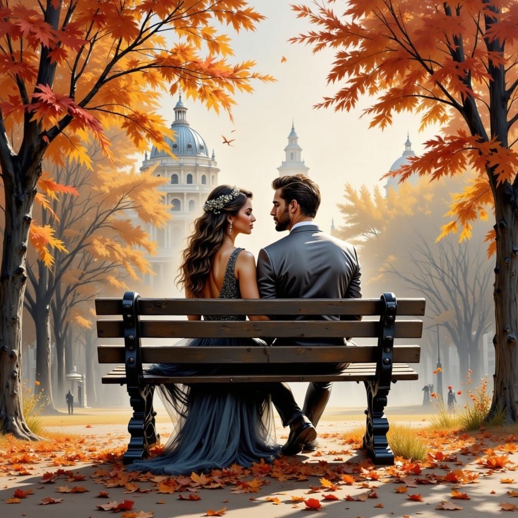 Romantic Autumn Scene in Watercolor Collage Style