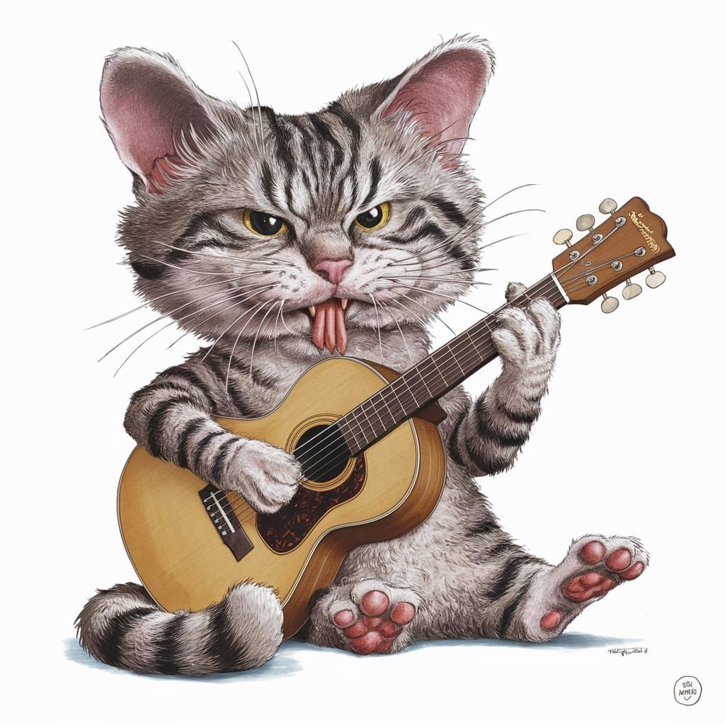 Comical Cat Caricature Playing Guitar