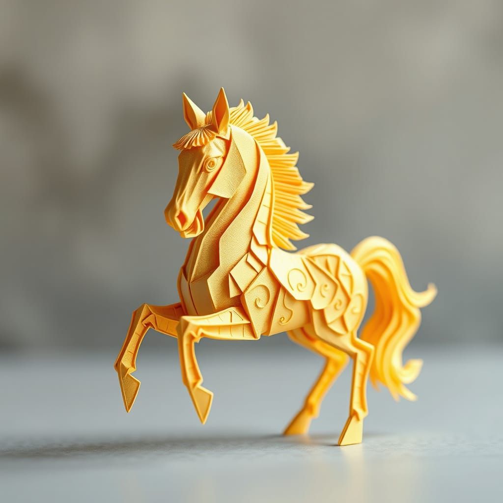 Golden Origami Horse in Watercolor Style