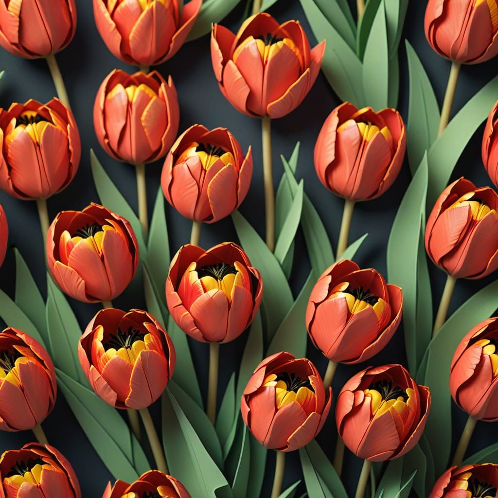 Fire Red Origami Tulips in Macro Photography