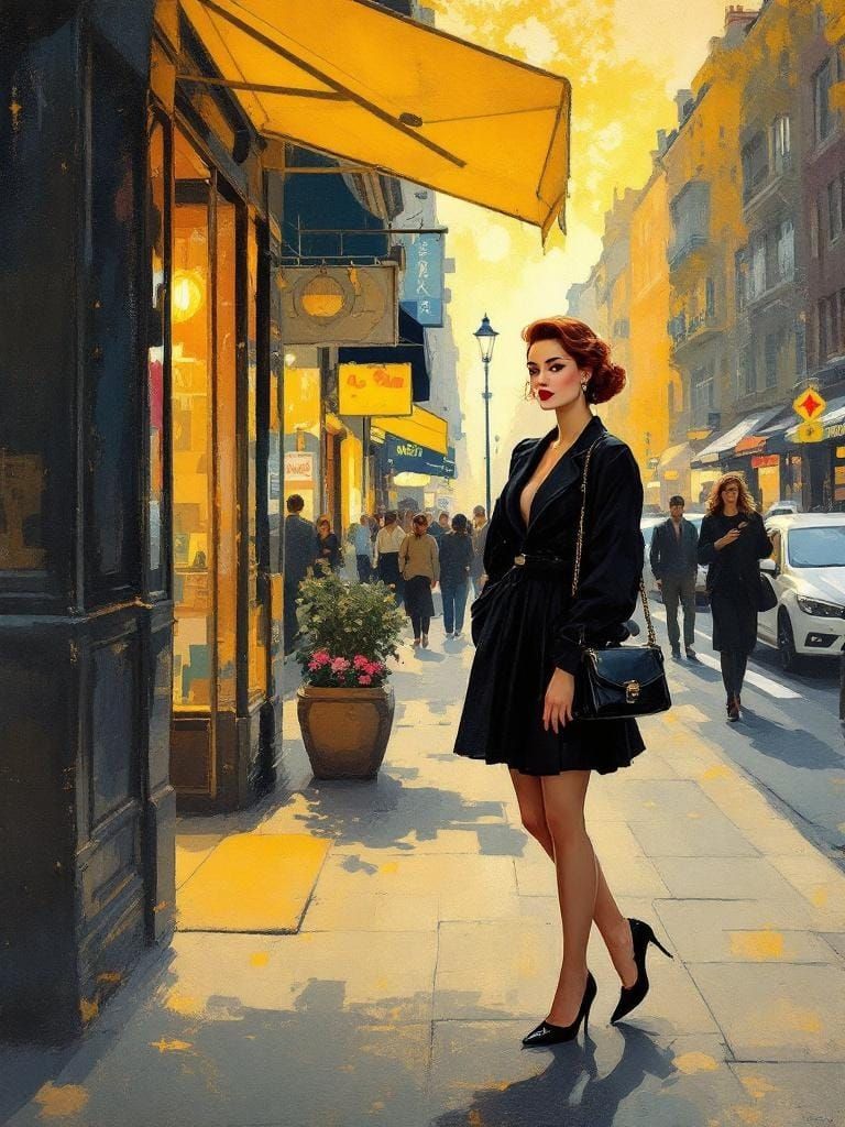 Pin-Up Woman in City, Van Gogh & Ukiyo-e Fusion