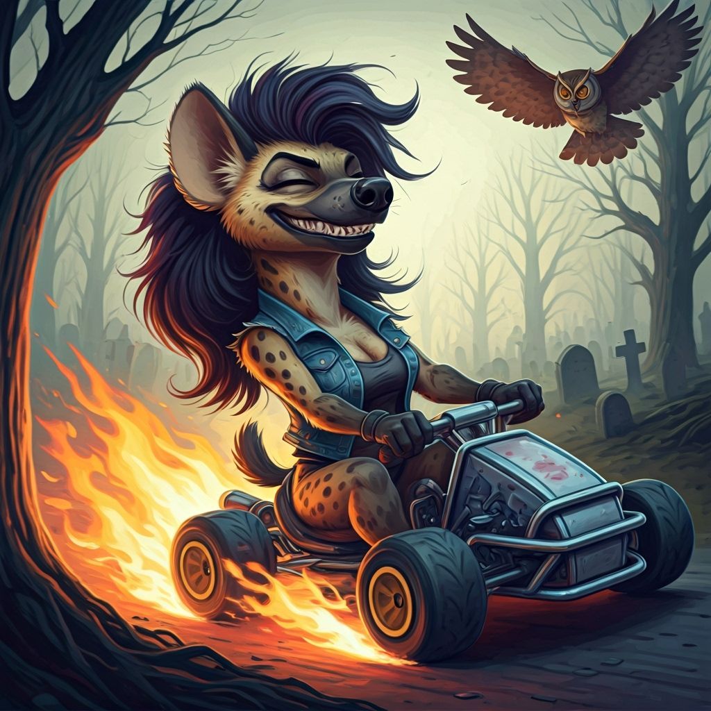 She-Hyena Laughing Wildly in Flaming Go-Kart