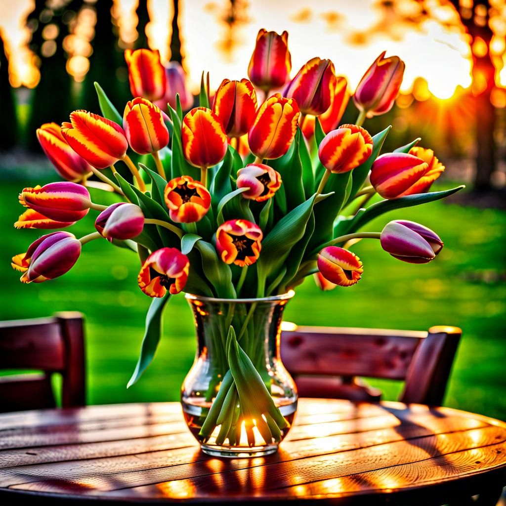 Hyperrealistic Still Life: Tulips in Vase at Sunset