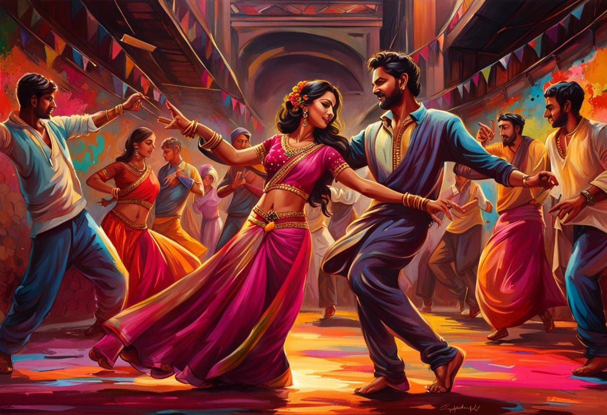 Vibrant Bollywood Dance Scene in Graffiti Art Style