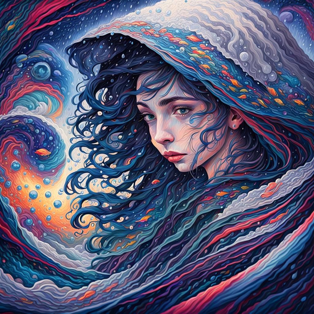 Siren Woman in Rain, Neo-Impressionist Portrait