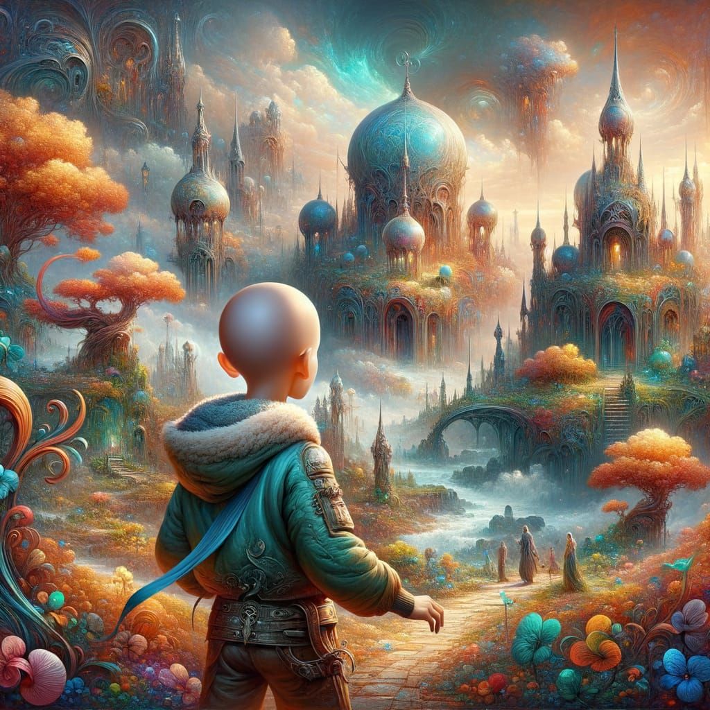 Enchanted Bald Boy in Fantastical Landscape