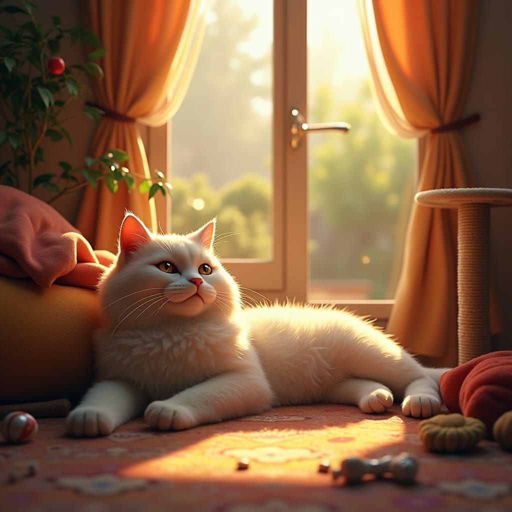 Cat Lounging in Sunlit Room: Fantasy Concept Art