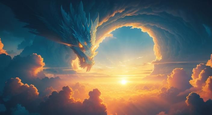 Majestic Cloud Dragon Soaring Through Sunset Sky