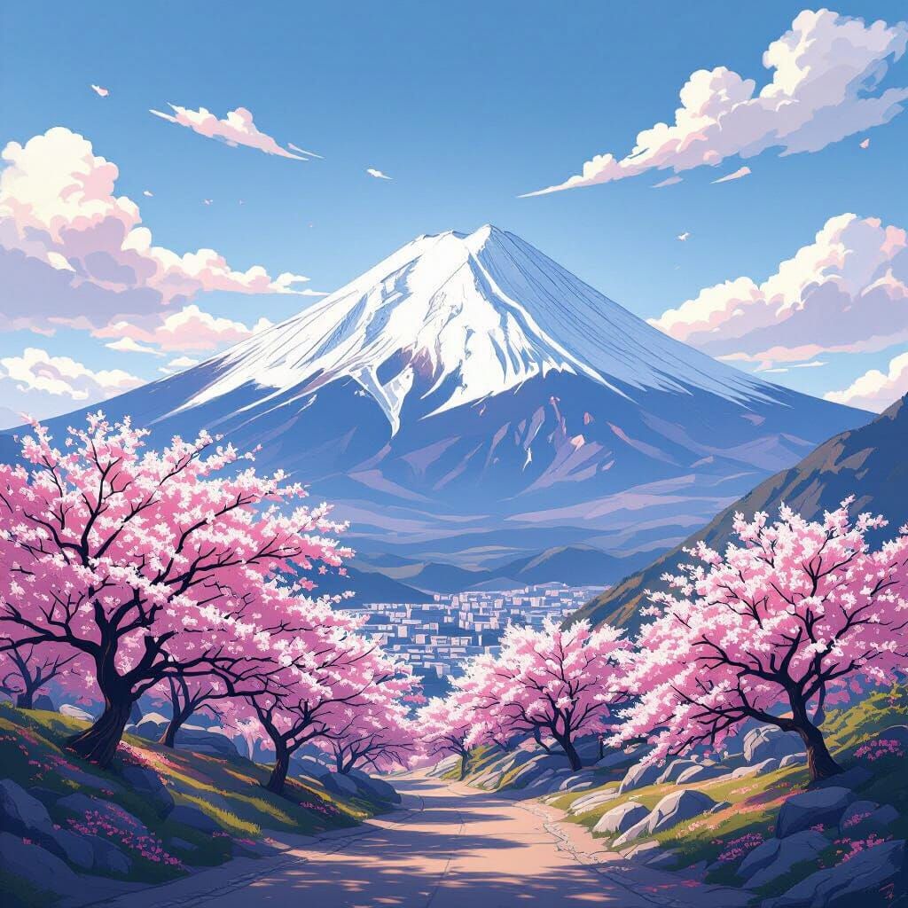 Snowy Peaks and Cherry Blossoms in Anime Style