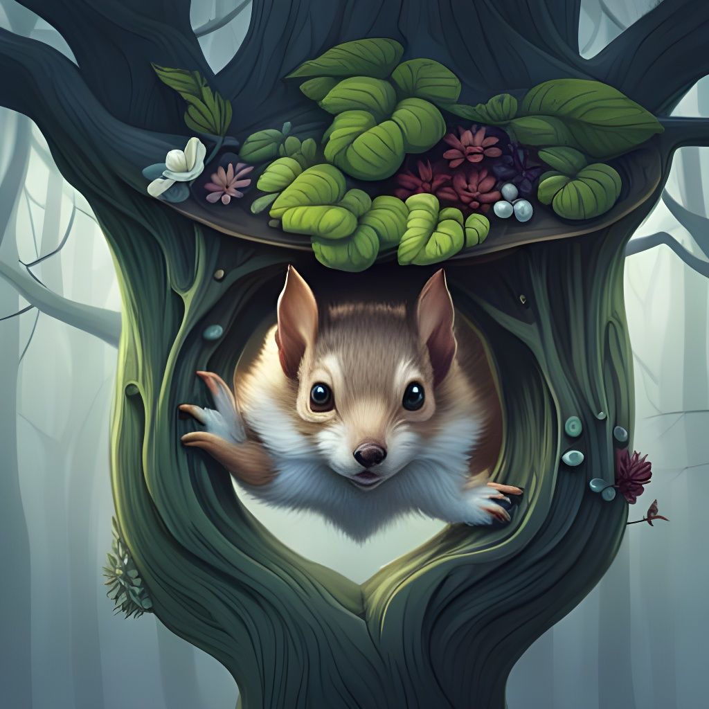 Adorable Squirrel Hanging From Tree: Detailed Illustration
