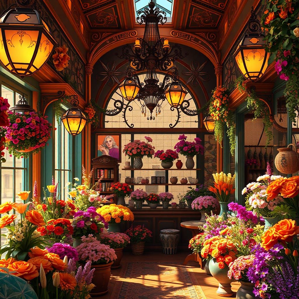 Hyper-Detailed Flower Shop in Golden Hour Lighting