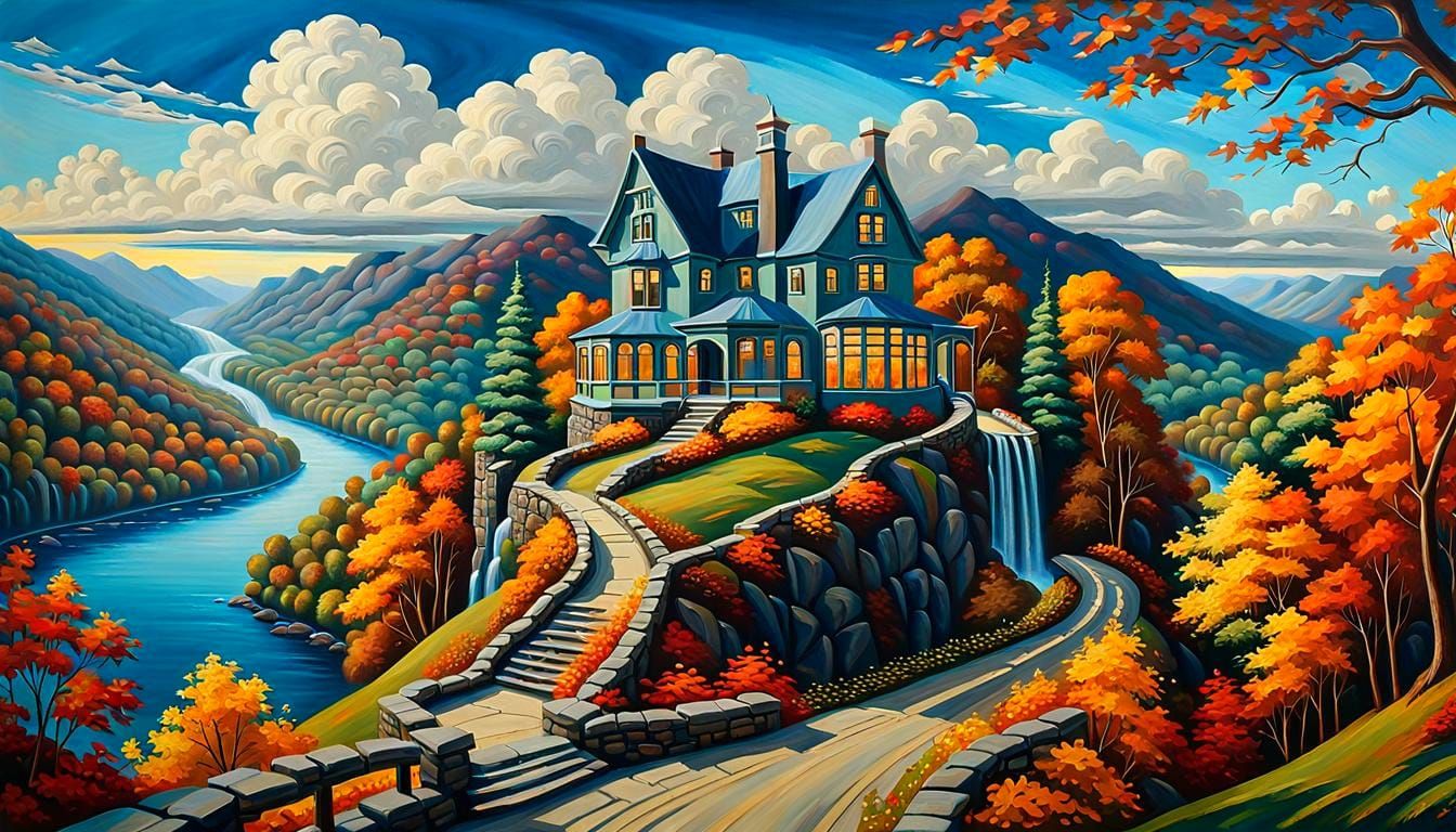 Autumn Mountainside House in Vibrant Oil Painting