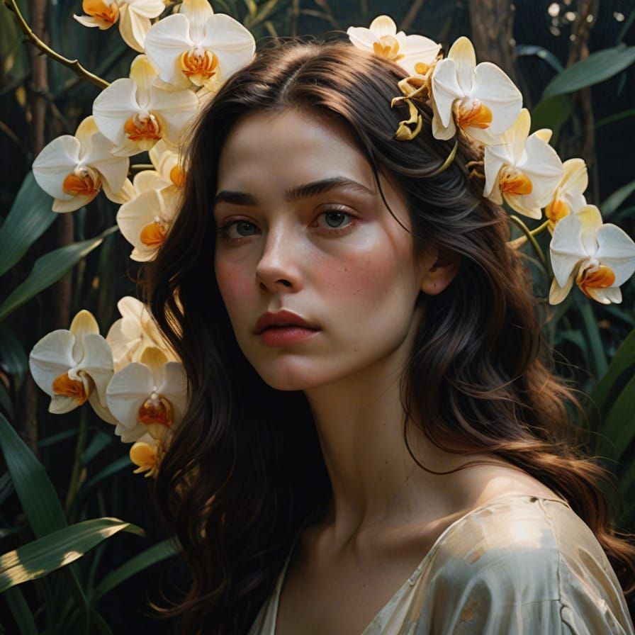 Woman Lost in Thought with Lush Orchid Hair