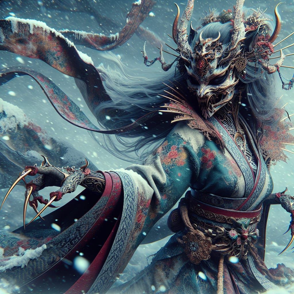 Elegant Demon Woman in Snowy Battle Scene