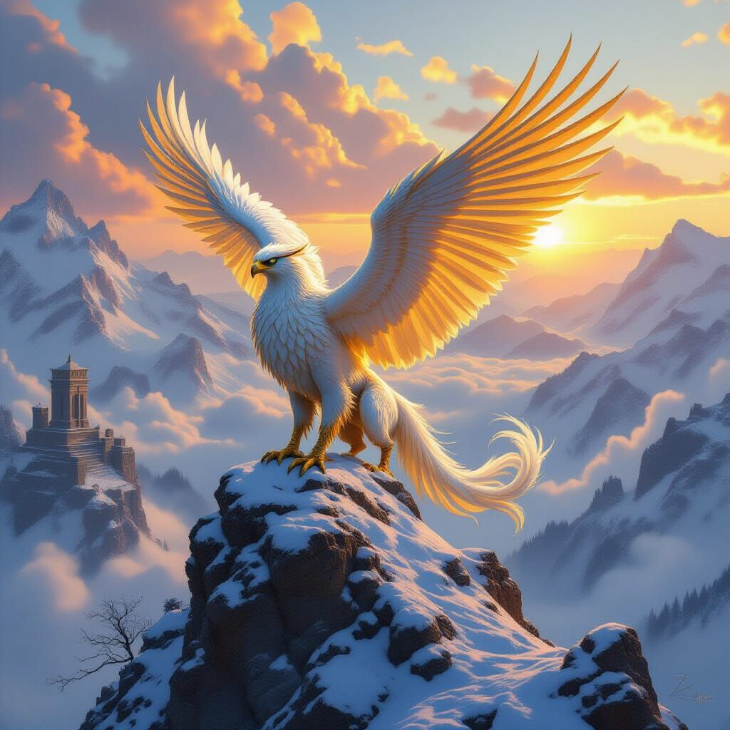 Golden Griffin on Snow-Capped Peak