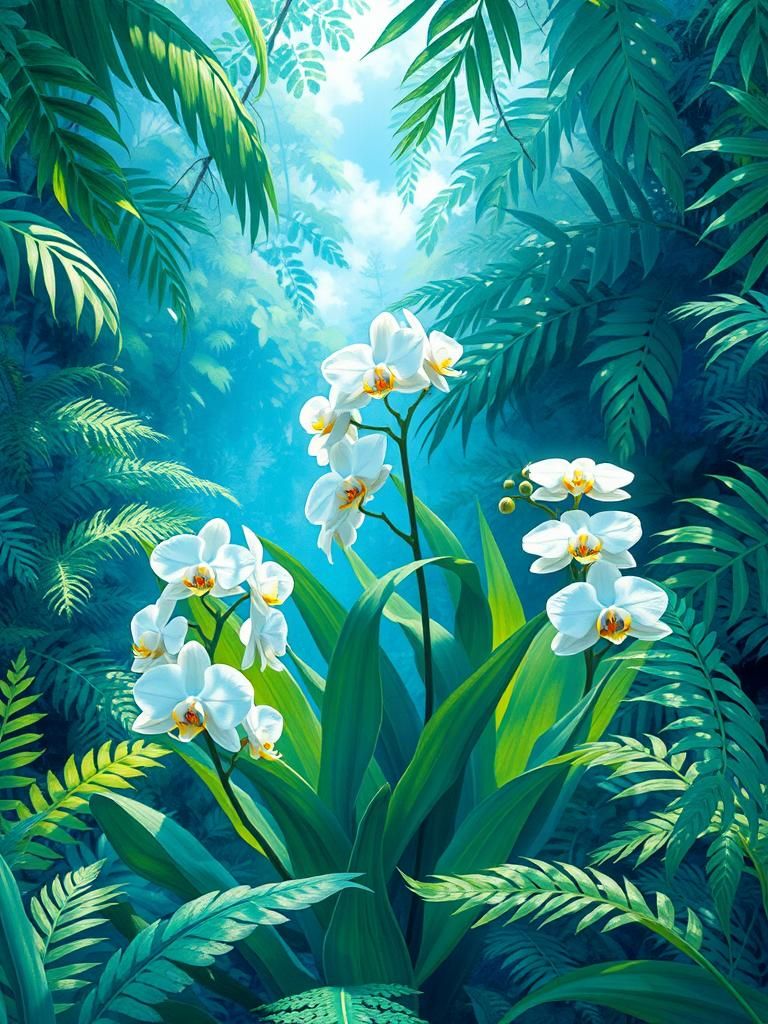 Rainforest Orchids with Blue Highlights, Watercolor Style