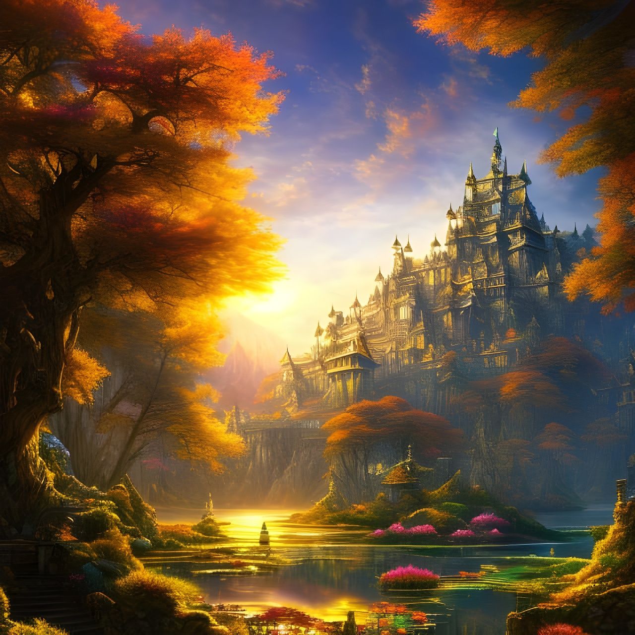 Majestic Castle Landscape at Sunset: Fantasycore Art