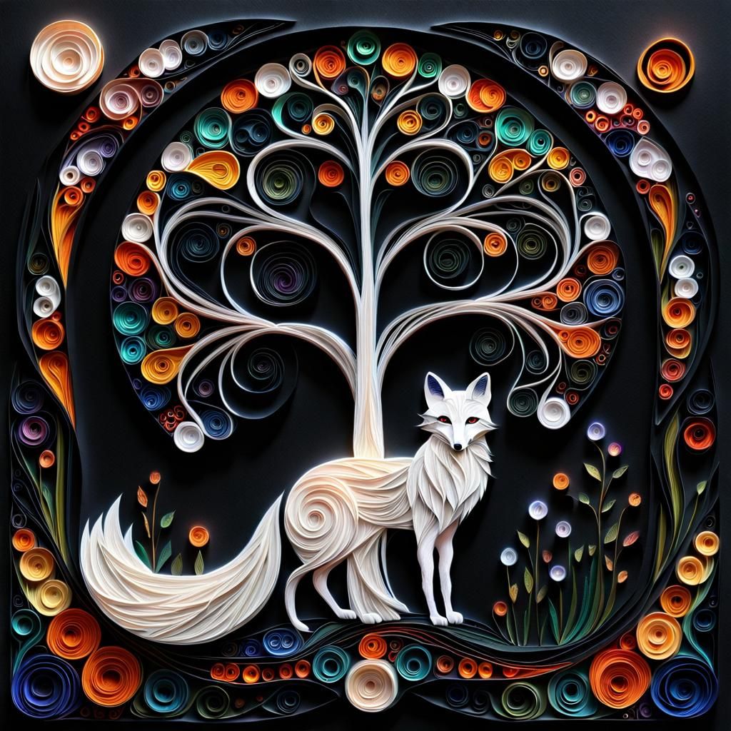 Intricate Folk Art Fox and Tree with Cosmic Colors