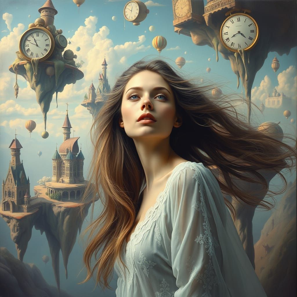 Ethereal Woman in Dreamscape with Floating Islands