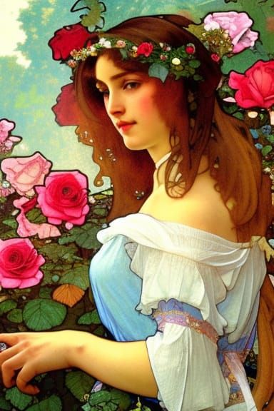 Woman in Rose Garden: Art Nouveau Portrait