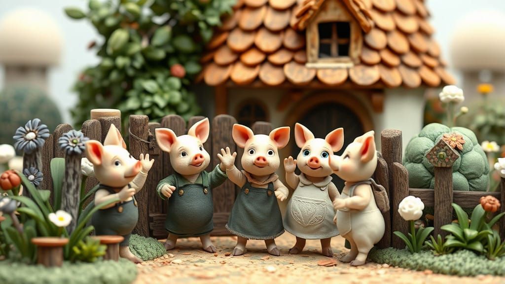 Three Little Pigs Wave at Mother Sow in Whimsical 3D Claymat...