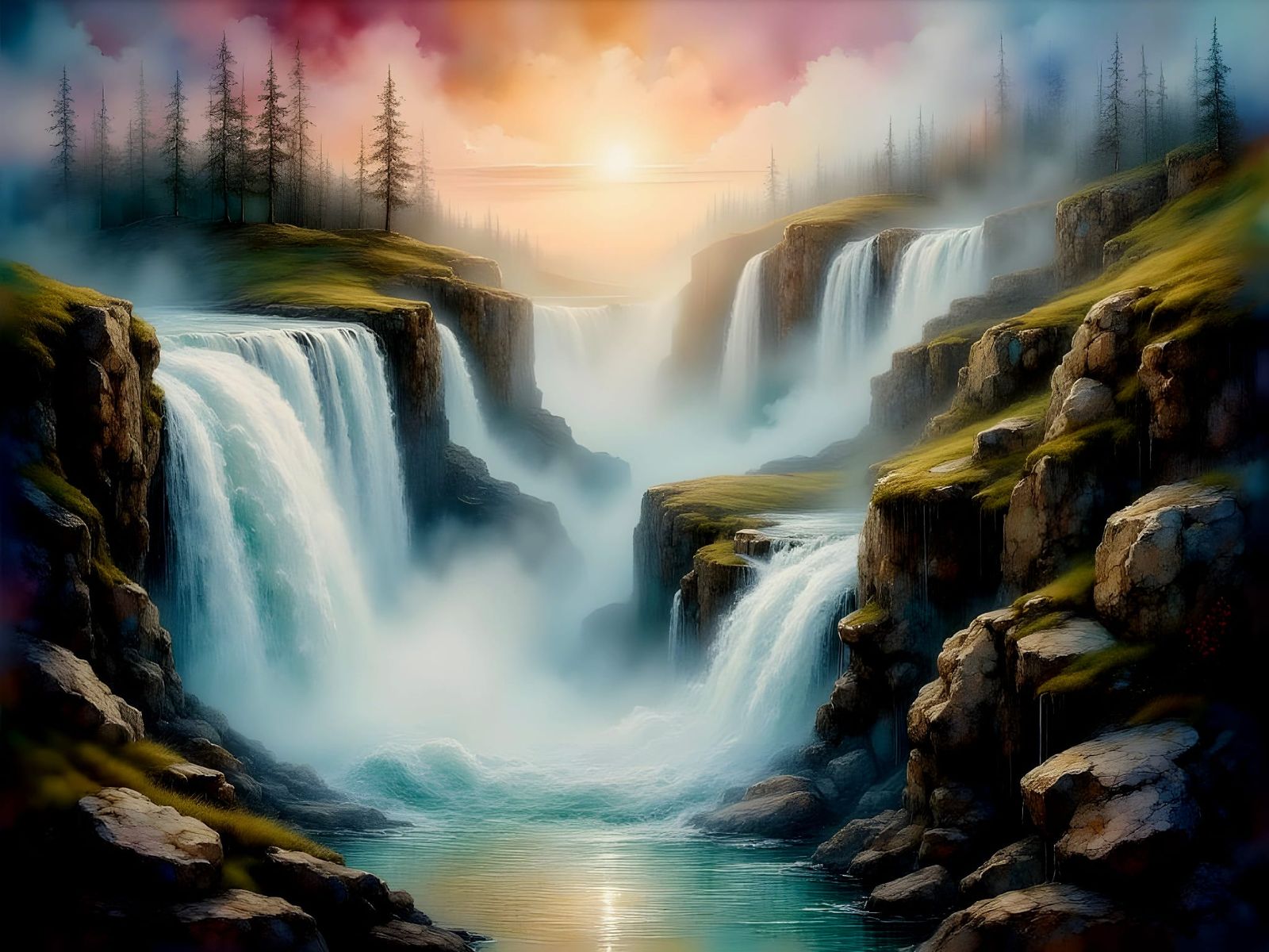 Niagara Falls in a Rocky Landscape Painting