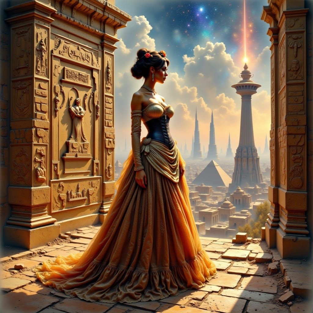 Woman Between Dimensions in Dystopian Sci-Fi Style