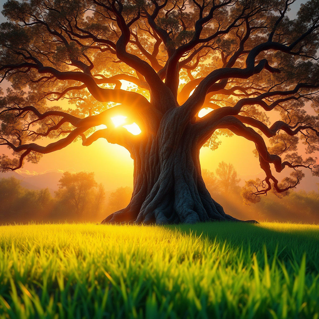 Ancient Tree Silhouette at Sunrise: Digital Matte Painting